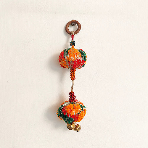 Leela Red Orange Gold Cotton Pompom Toran Door Charm