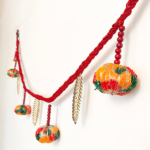 Mantra Red Green Gold Cotton Pompom Toran Door Charm