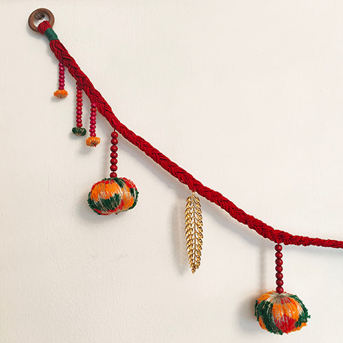 Mantra Red Green Gold Cotton Pompom Toran Door Charm