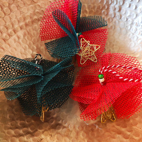 Cancan Snowflakes Wooden Beads Red Green Set of three Christmas Hanging