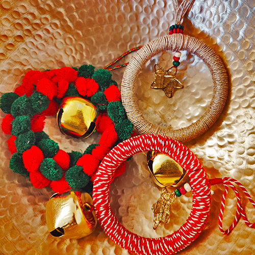 X'mas Holly Jolly Wreath set of 3 Red Green Gold Christmas Hanging