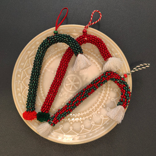 Candy Cane Cheer Wooden Beads Red Green White Set of three Christmas Hanging