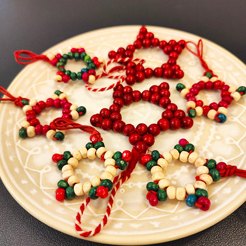 Snowflakes Wooden Beads Set of 7 Red Green White Christmas Star Hanging