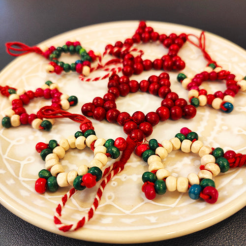 Snowflakes Wooden Beads Set of 7 Red Green White Christmas Star Hanging