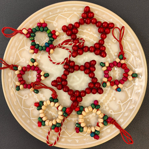 Snowflakes Wooden Beads Set of 7 Red Green White Christmas Star Hanging