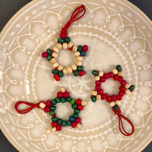 Snowflakes Wooden Beads Set of 7 Red Green White Christmas Star Hanging