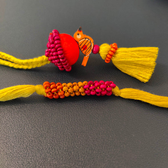 Lime/Yellow/Pink Thread Wooden Beads Rakhi/Lumba set