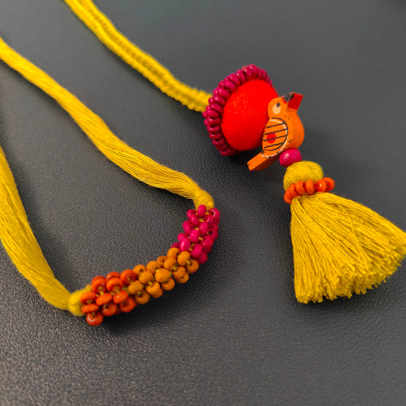 Lime/Yellow/Pink Thread Wooden Beads Rakhi/Lumba set