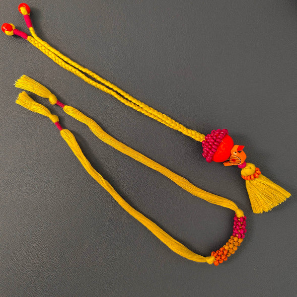 Lime/Yellow/Pink Thread Wooden Beads Rakhi/Lumba set