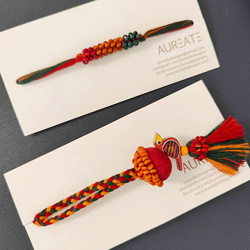 Green/Red Thread Wooden Beads Rakhi/Lumba set