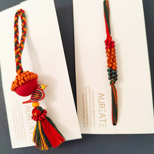 Green/Red Thread Wooden Beads Rakhi/Lumba set