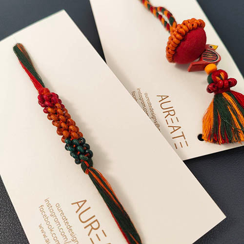 Green/Red Thread Wooden Beads Rakhi/Lumba set