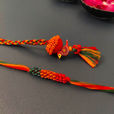 Green/Red Thread Wooden Beads Rakhi/Lumba set