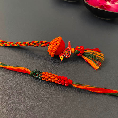 Green/Red Thread Wooden Beads Rakhi/Lumba set