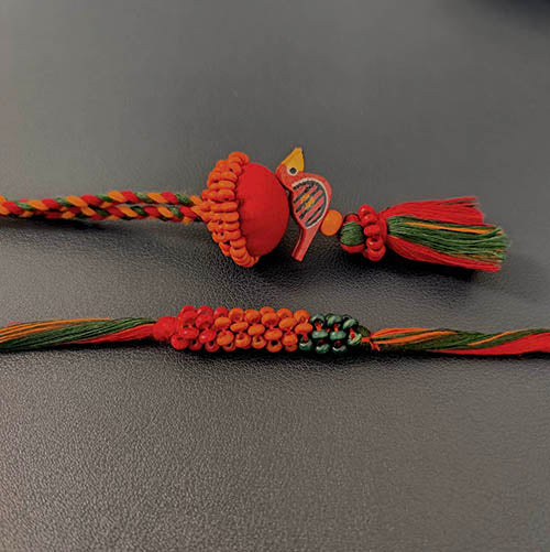 Green/Red Thread Wooden Beads Rakhi/Lumba set