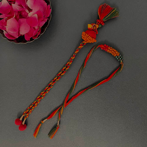Green/Red Thread Wooden Beads Rakhi/Lumba set