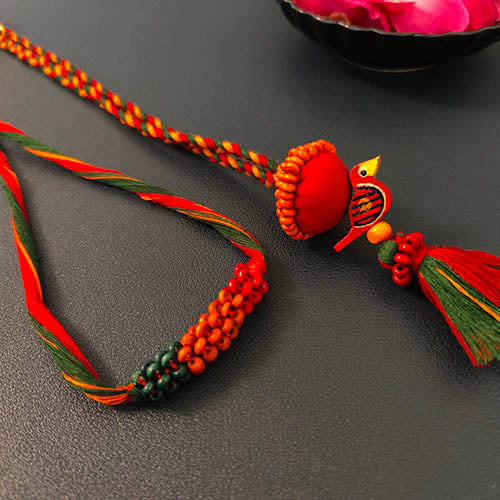 Green/Red Thread Wooden Beads Rakhi/Lumba set