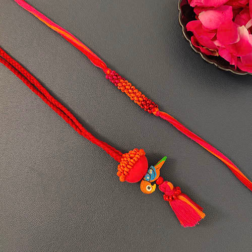 Pink/Orange Thread Wooden Beads Rakhi/Lumba set
