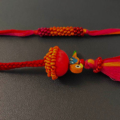 Pink/Orange Thread Wooden Beads Rakhi/Lumba set