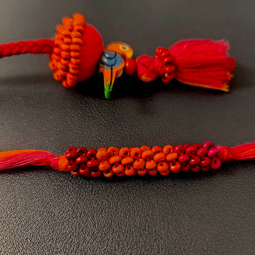 Pink/Orange Thread Wooden Beads Rakhi/Lumba set