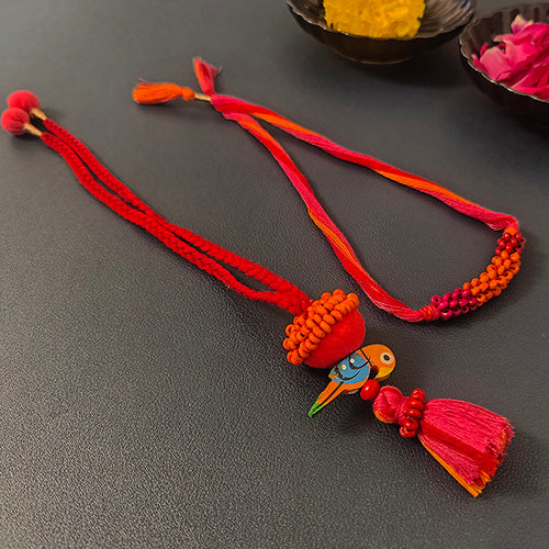Pink/Orange Thread Wooden Beads Rakhi/Lumba set
