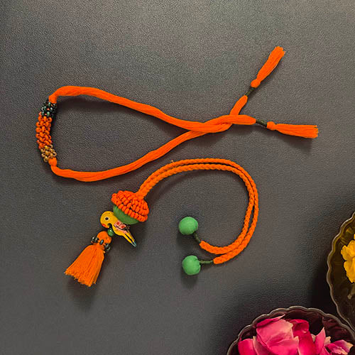 Orange/Green Thread Wooden Beads Rakhi/Lumba set