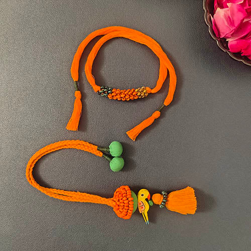 Orange/Green Thread Wooden Beads Rakhi/Lumba set