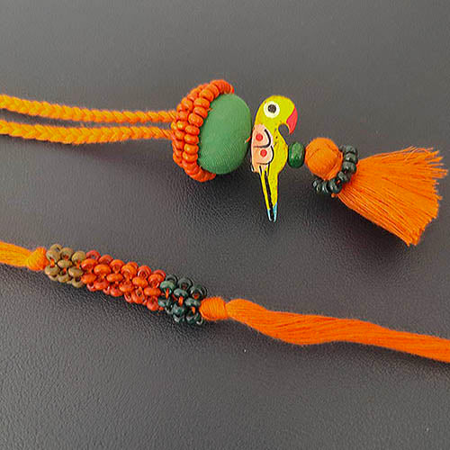 Orange/Green Thread Wooden Beads Rakhi/Lumba set