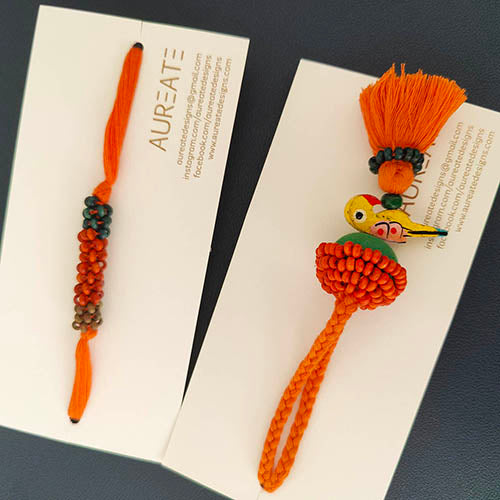 Orange/Green Thread Wooden Beads Rakhi/Lumba set