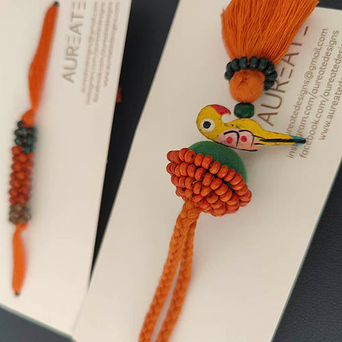 Orange/Green Thread Wooden Beads Rakhi/Lumba set