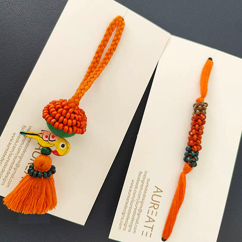 Orange/Green Thread Wooden Beads Rakhi/Lumba set