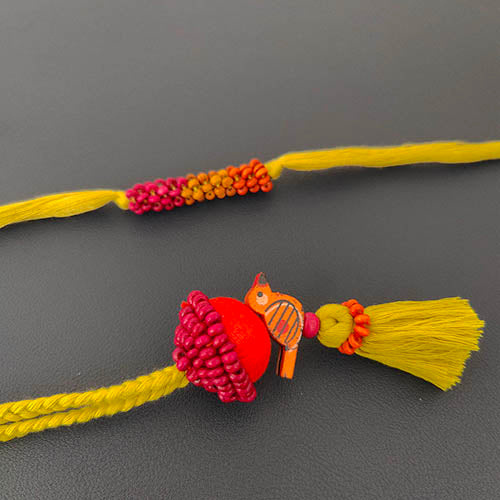 Lime/Yellow/Pink Thread Wooden Beads Rakhi/Lumba set