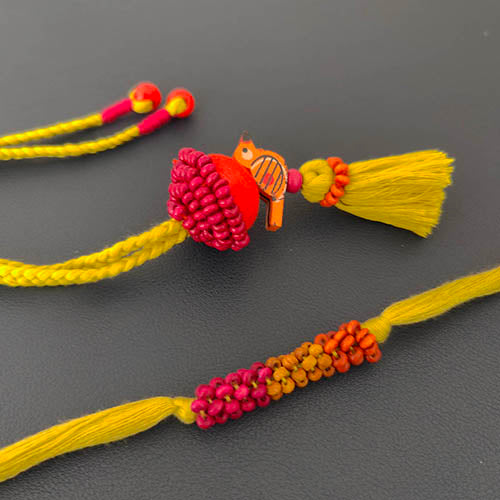 Lime/Yellow/Pink Thread Wooden Beads Rakhi/Lumba set