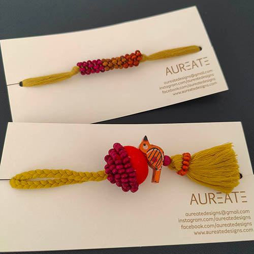 Lime/Yellow/Pink Thread Wooden Beads Rakhi/Lumba set