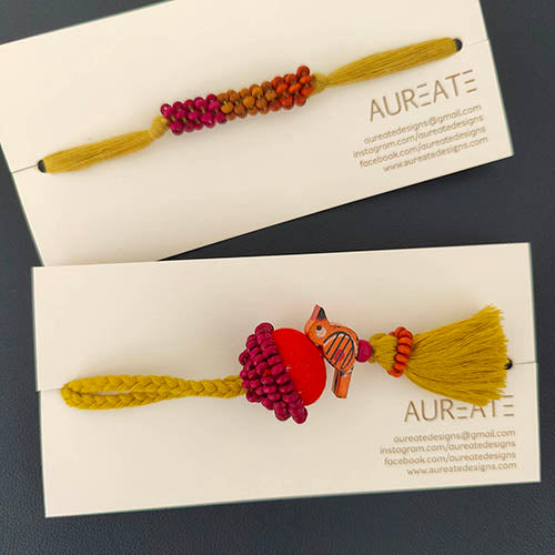 Lime/Yellow/Pink Thread Wooden Beads Rakhi/Lumba set
