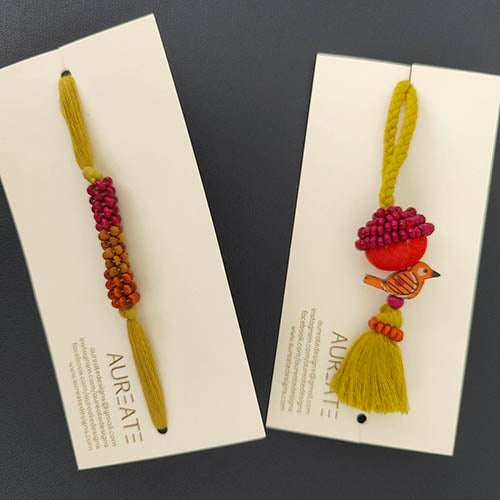 Lime/Yellow/Pink Thread Wooden Beads Rakhi/Lumba set