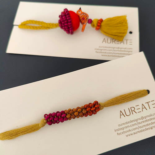 Lime/Yellow/Pink Thread Wooden Beads Rakhi/Lumba set