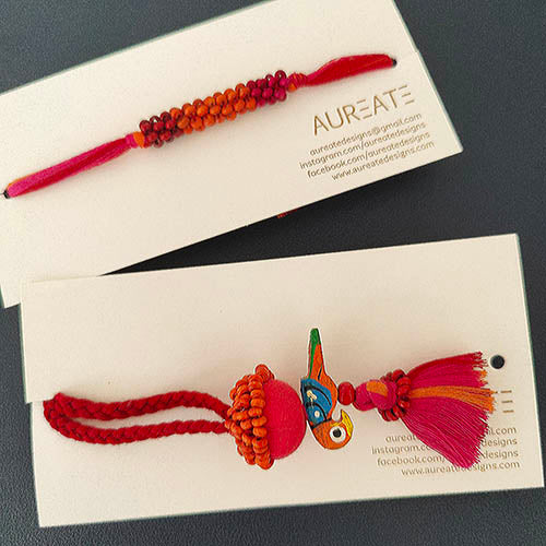 Pink/Orange Thread Wooden Beads Rakhi/Lumba set