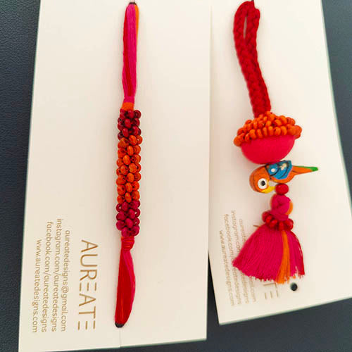 Pink/Orange Thread Wooden Beads Rakhi/Lumba set