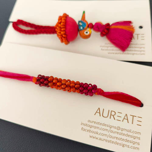 Pink/Orange Thread Wooden Beads Rakhi/Lumba set