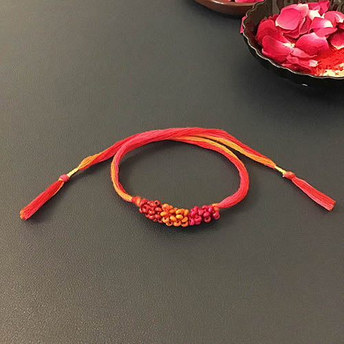 Red/Orange Thread Wooden Beads Rakhi