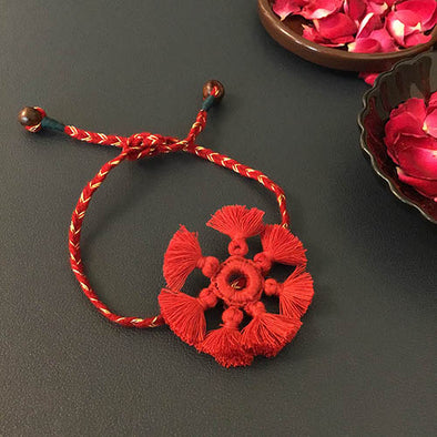 Crimson /Gold Cotton Dori Tassel Rakhi