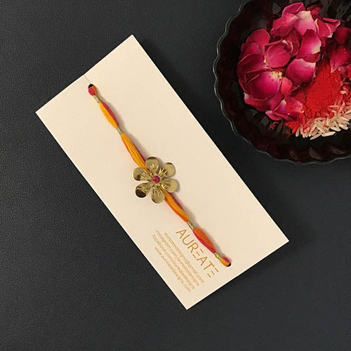 Orange / Crimson / Yellow Flower Gold Metal Pendant Rakhi