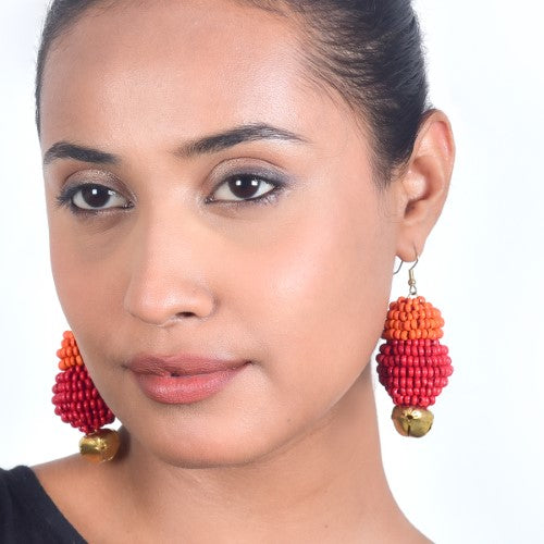 Scarlet Red Orange Gold Wooden beads Ghungroo Ear rings