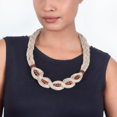 Sadirai Natural Brown Wooden Beads Jute Dori Neckpiece