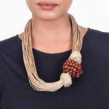 Puri Natural Brown Wooden Beads Jute Dori Neckpiece