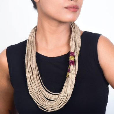 Samang Natural Brown Wooden Beads Jute Dori Neckpiece