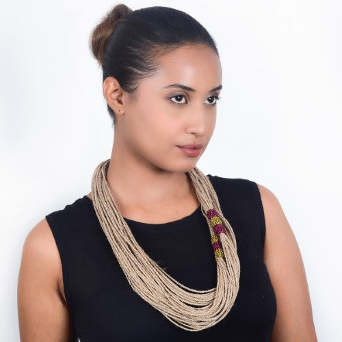 Samang Natural Brown Wooden Beads Jute Dori Neckpiece