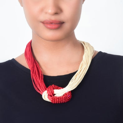 Rouge Ecru Red Cotton Dori Wooden Beads Neckpiece