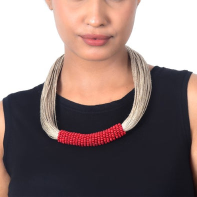 Sikkim Red Wooden Beads Jute Dori Neckpiece